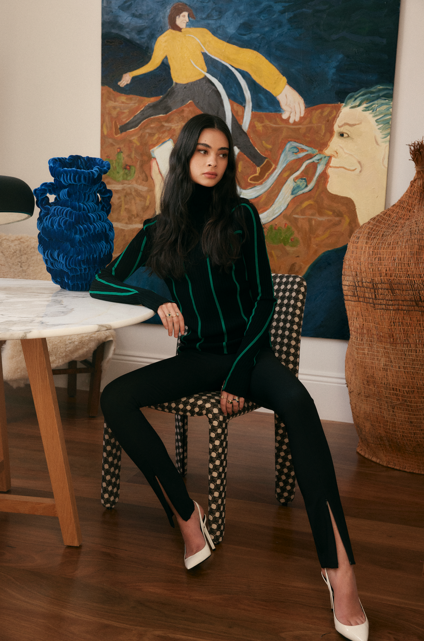 The Valentine pant and Nico Rib top featured in the On Parks Photoshoot with Mishy Tran. Soft tailoring and modern femininity encompass this look. 
